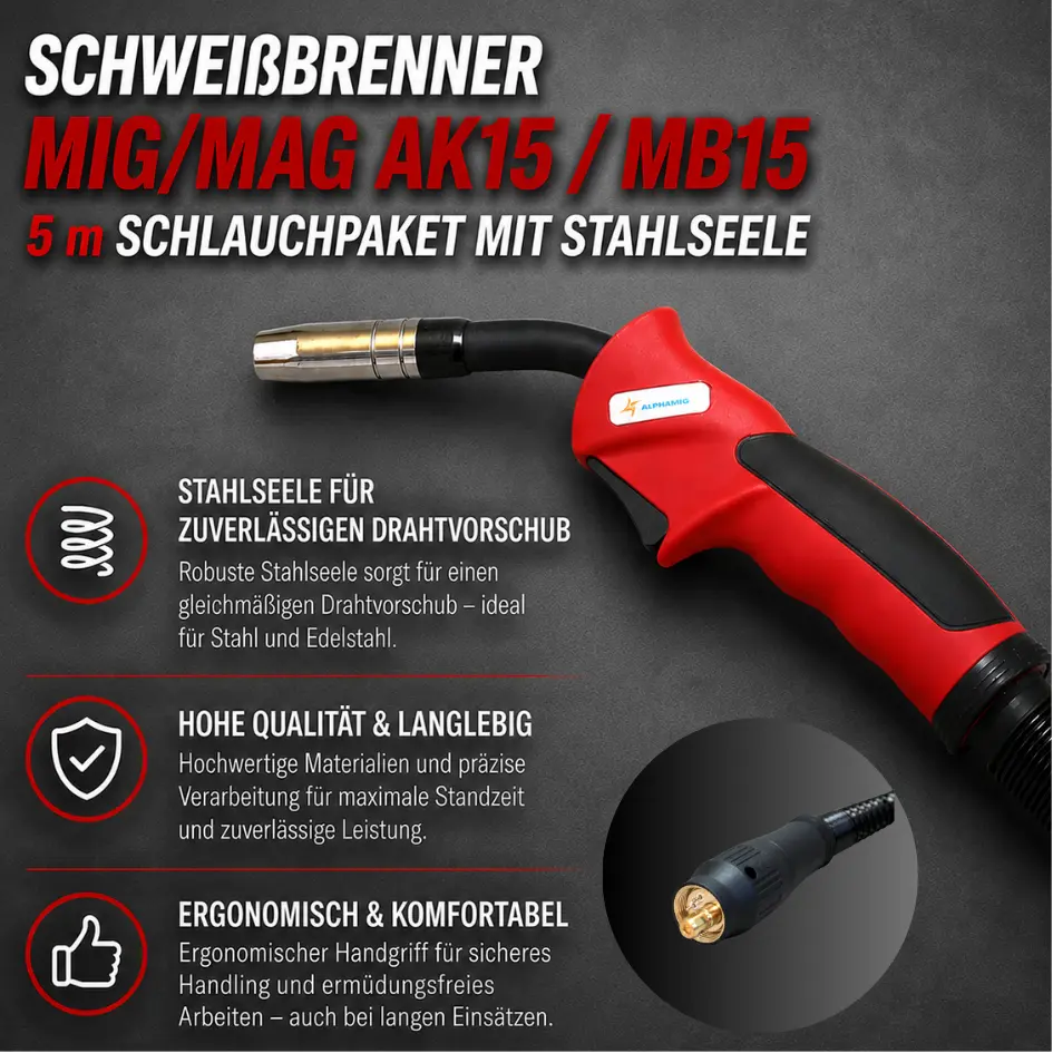 Schweißbrenner MIG/MAG AK15 / MB15 – 5 m Schlauchpaket mit Stahlseele