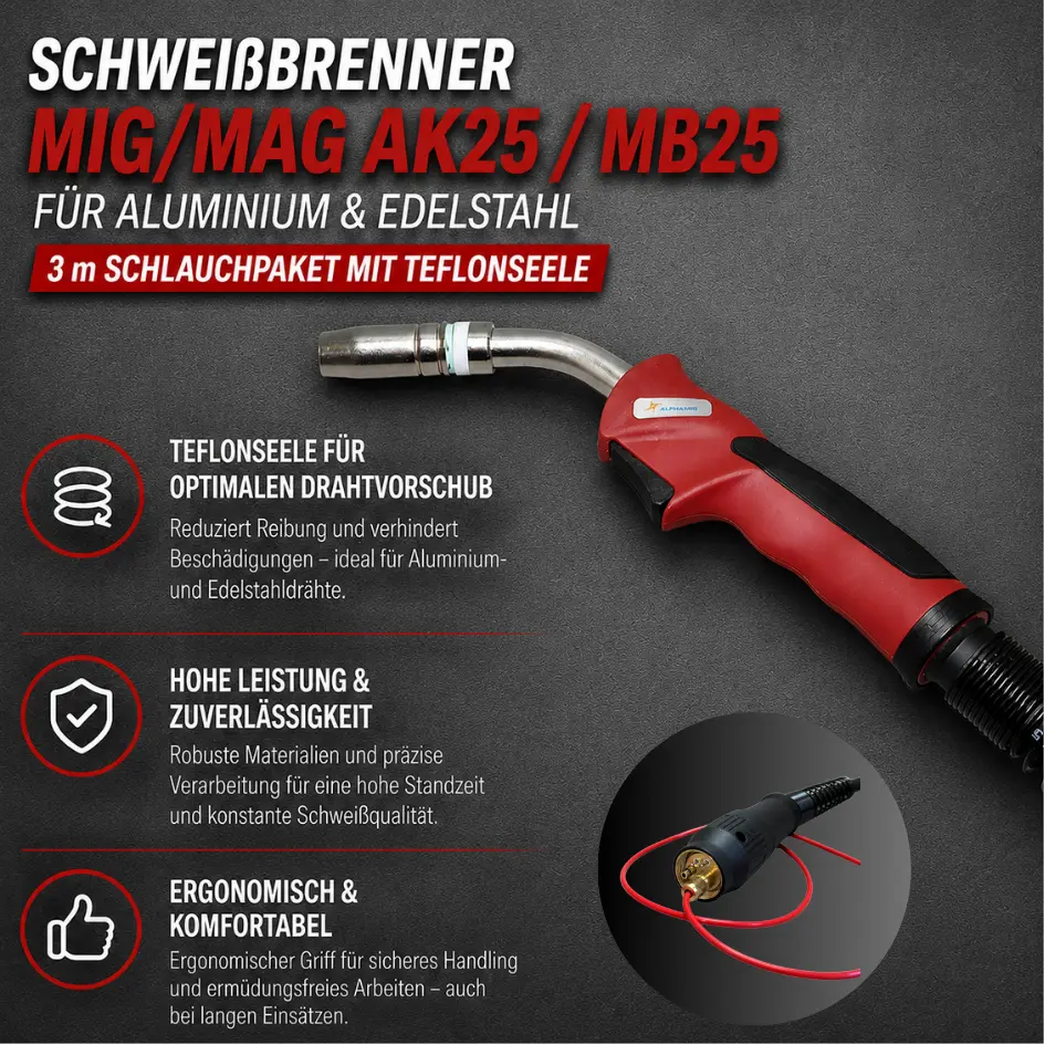 Schweißbrenner MIG/MAG AK25 / MB25 für Aluminium & Edelstahl – 3 m Schlauchpaket mit Teflonseele