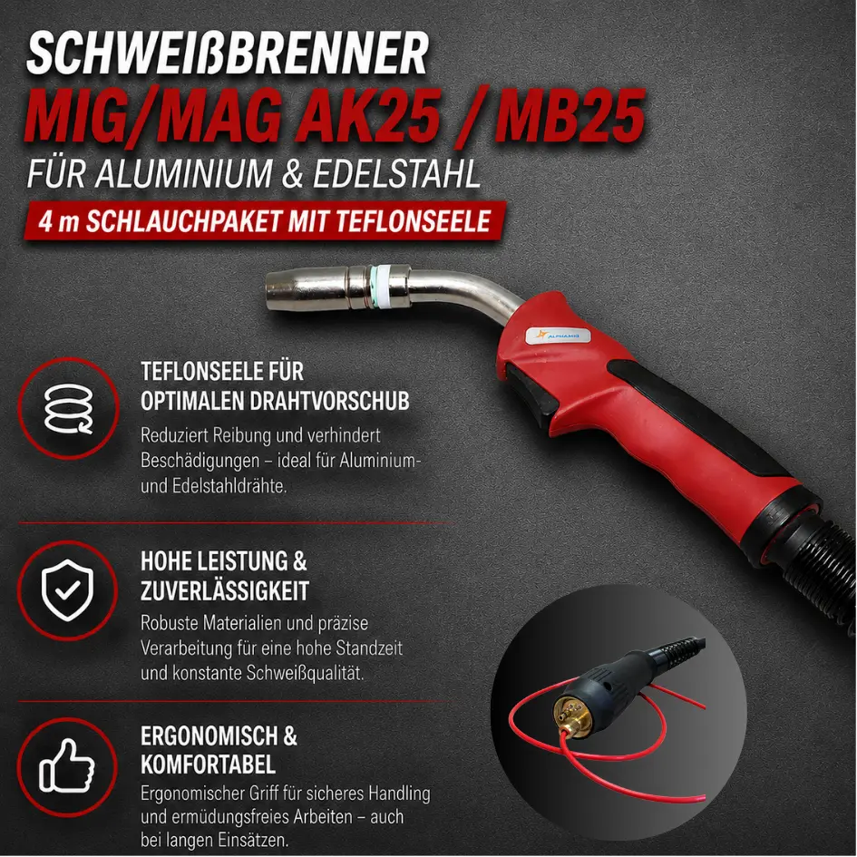 Schweißbrenner MIG/MAG AK25 / MB25 für Aluminium & Edelstahl – 4 m Schlauchpaket mit Teflonseele