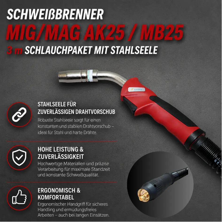 Schweißbrenner MIG/MAG AK25 / MB25 – 3 m Schlauchpaket mit Stahlseele