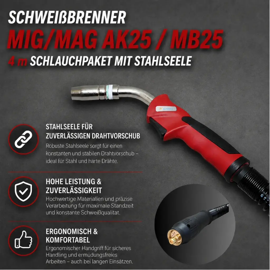 Schweißbrenner MIG/MAG AK25 / MB25 – 4 m Schlauchpaket mit Stahlseele