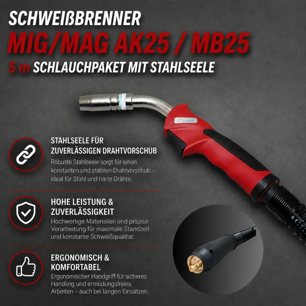 Schweißbrenner MIG/MAG AK25 / MB25 – 5 m Schlauchpaket mit Stahlseele