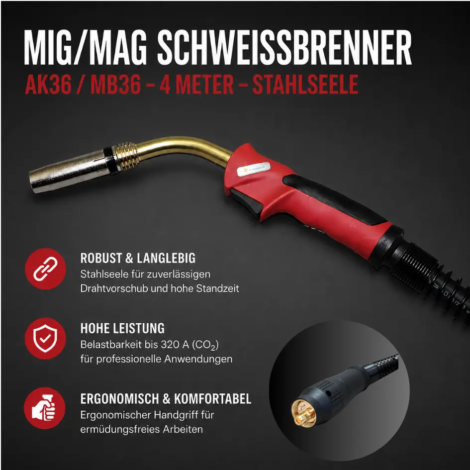 Schweißbrenner MIG/MAG AK36 / MB36 – 4 m Schlauchpaket mit Stahlseele