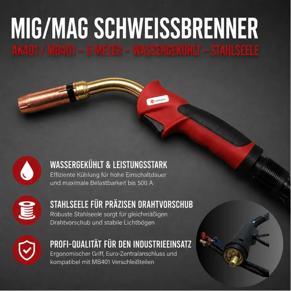 MIG/MAG Schweißbrenner AK401 / MB401 Wassergekühlt – 5 Meter – Stahlseele – Euro-Zentralanschluss