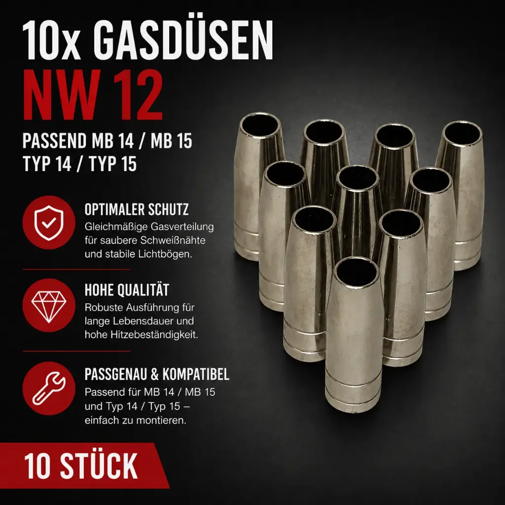10x Gasdüse NW 12 für MIG/MAG Schweißbrenner – passend MB 14 / MB 15 / Typ 14 / Typ 15