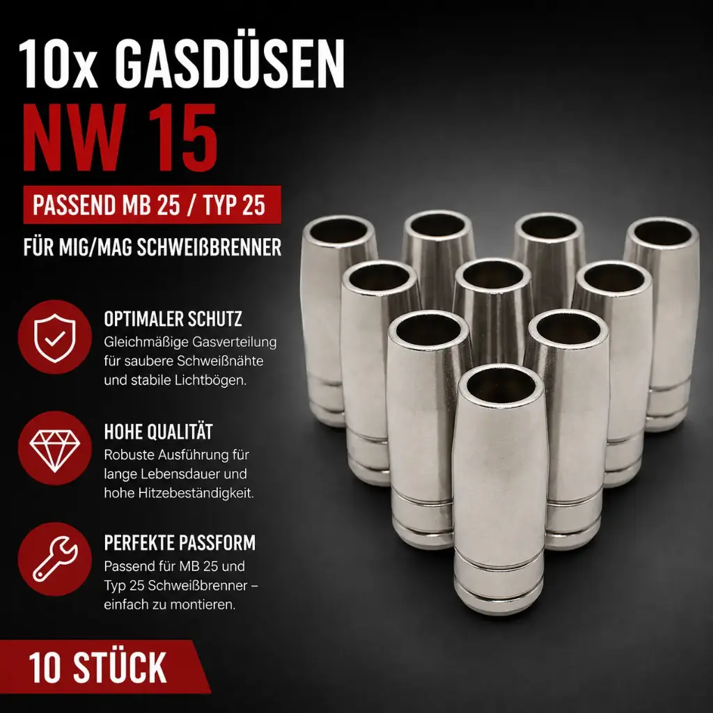 10x Gasdüse NW 15 für MIG/MAG Schweißbrenner – passend MB25 / Typ 25