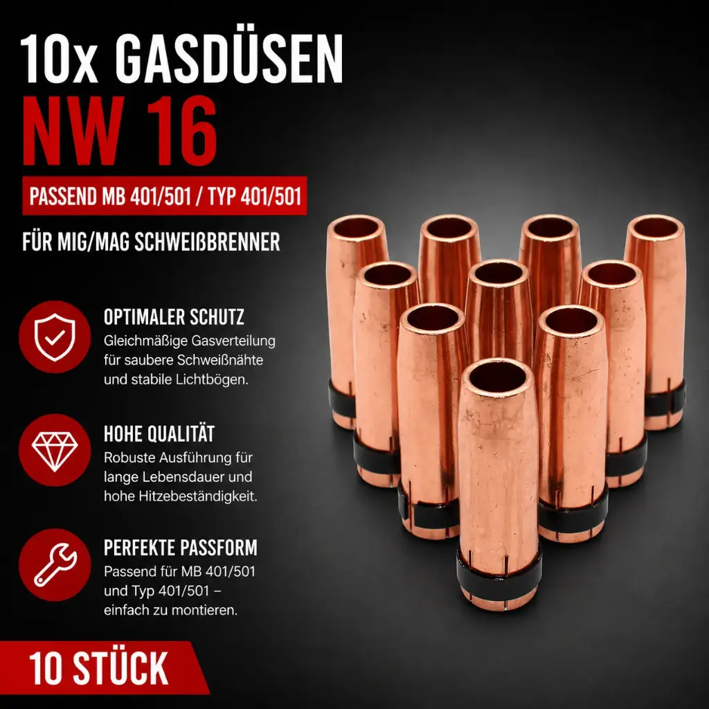 10x Gasdüse NW 16 für MIG/MAG Schweißbrenner – passend MB401 / MB501 / Typ 401 / Typ 501