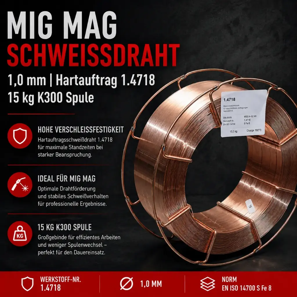 MIG MAG Schweißdraht 1,0 mm Hartauftrag 1.4718 – 15 kg K300 Spule | EN ISO 14700 S Fe 8