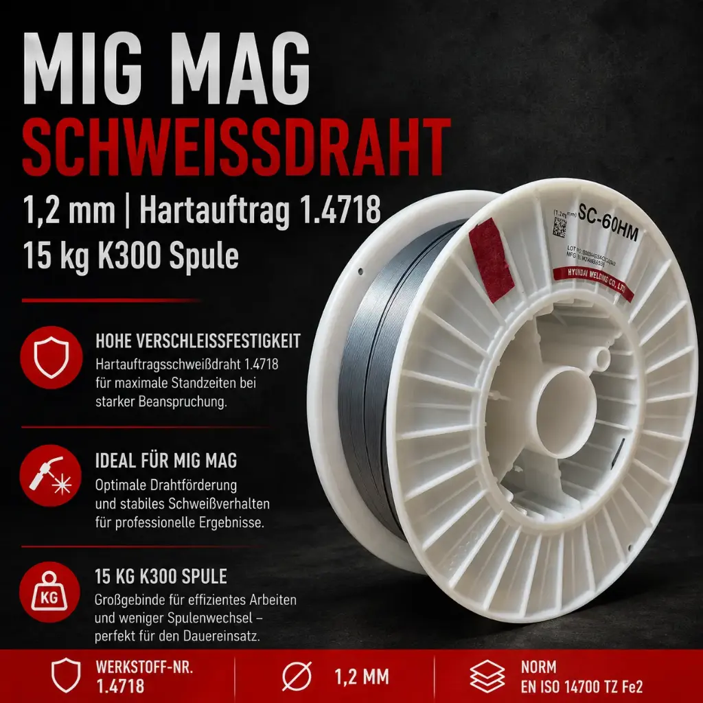 MIG MAG Schweißdraht 1,2 mm Hartauftrag 1.4718 Metallpulverfülldraht SC-600HM – 15 kg K300 Spule
