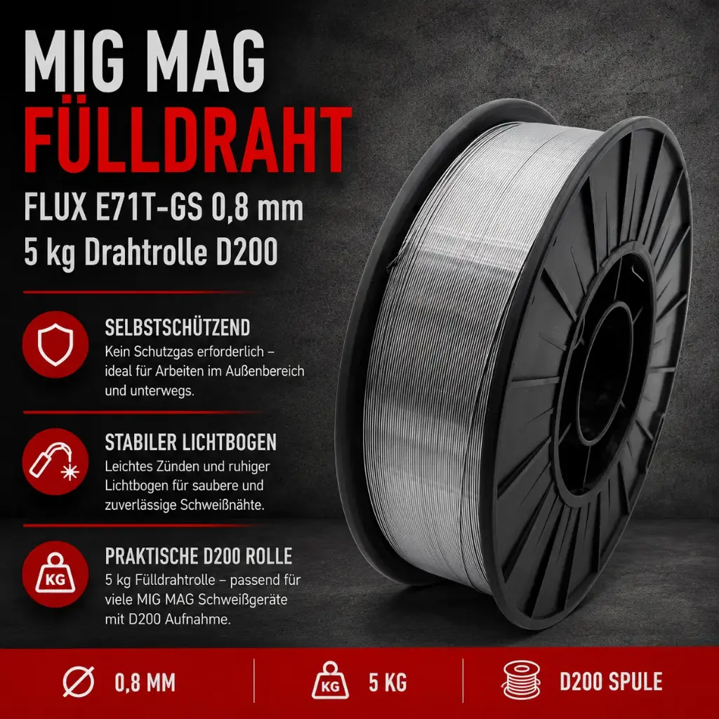 Fülldraht FLUX E71T-GS Ø 0,8 mm – 5 kg Drahtrolle D200 | MIG MAG Schweißdraht ohne Schutzgas