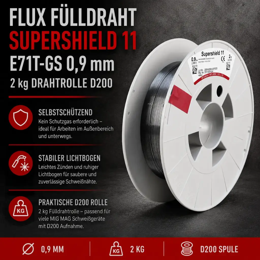 Fülldraht FLUX E71T-GS Supershield 11 Ø 0,9 mm | 2 kg Drahtrolle D200 | Selbstschützender MIG MAG Schweißdraht
