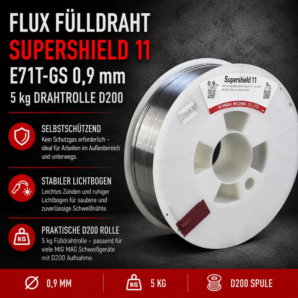 Fülldraht FLUX E71T-GS Supershield 11 Ø 0,9 mm | 5 kg Drahtrolle D200 | Selbstschützender MIG MAG Schweißdraht