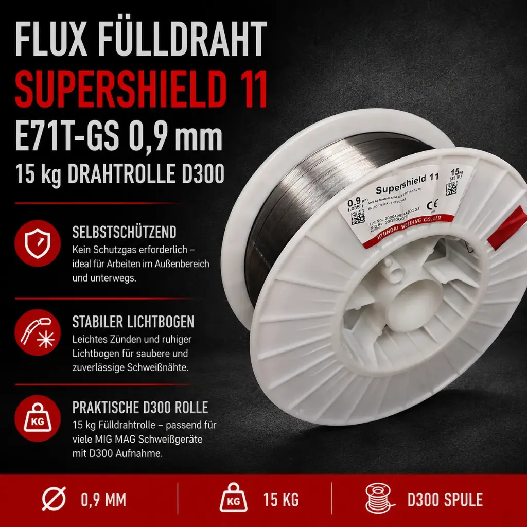 Fülldraht FLUX E71T-GS Supershield 11 – 0,9 mm | 15 kg Drahtrolle D300 | MIG/MAG Schweißdraht ohne Schutzgas