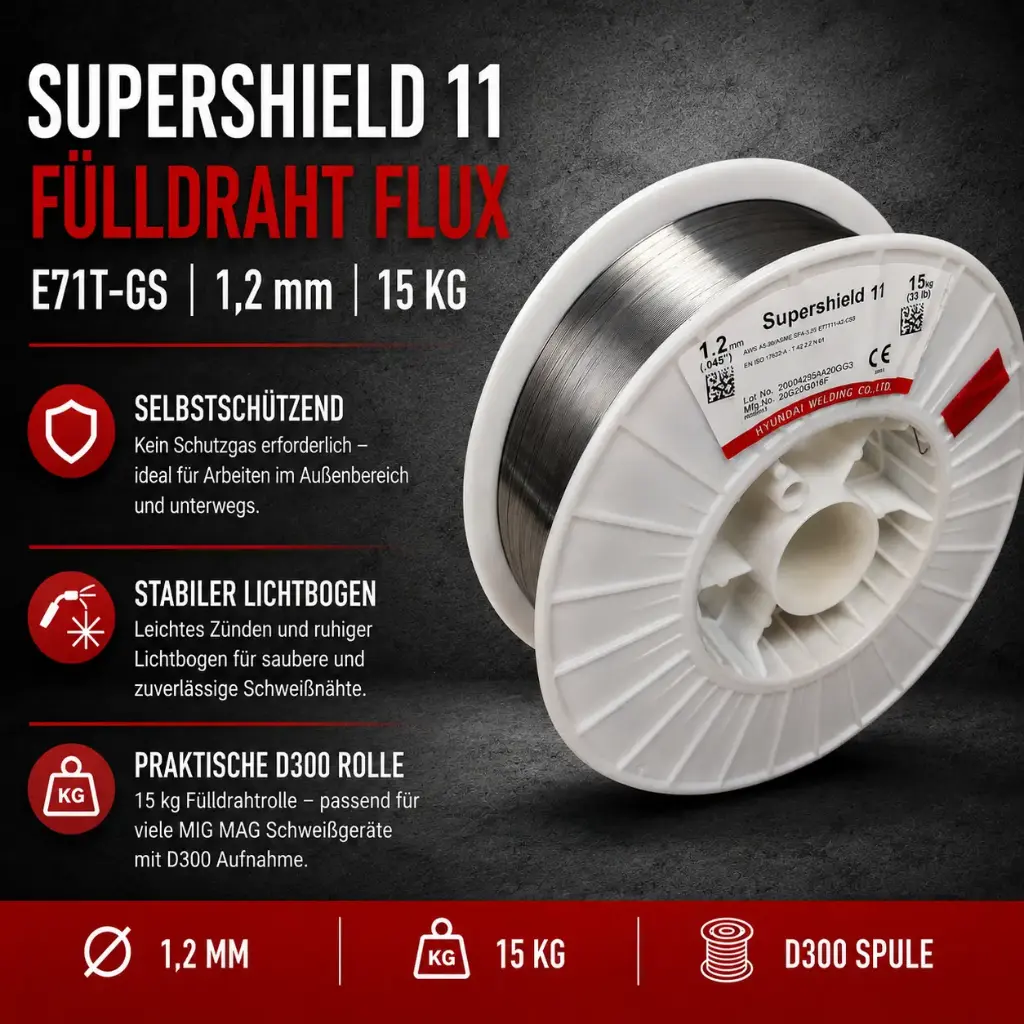 Fülldraht FLUX E71T-GS Supershield 11 – 1,2 mm | 15 kg Drahtrolle D300 | MIG/MAG Schweißdraht ohne Schutzgas
