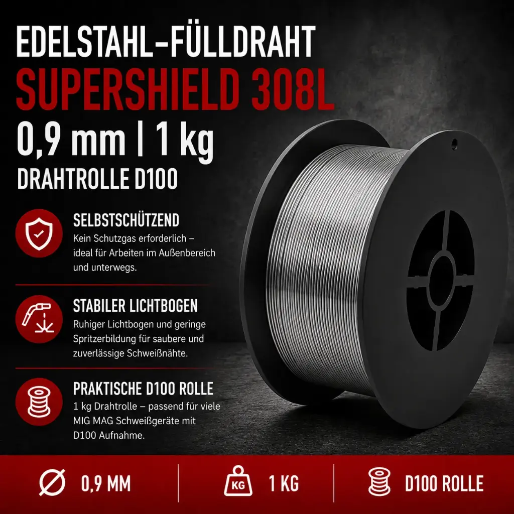 Edelstahl-Fülldraht Supershield 308L 0,9 mm – 1 kg Drahtrolle D100 | Selbstschützender MIG MAG Schweißdraht