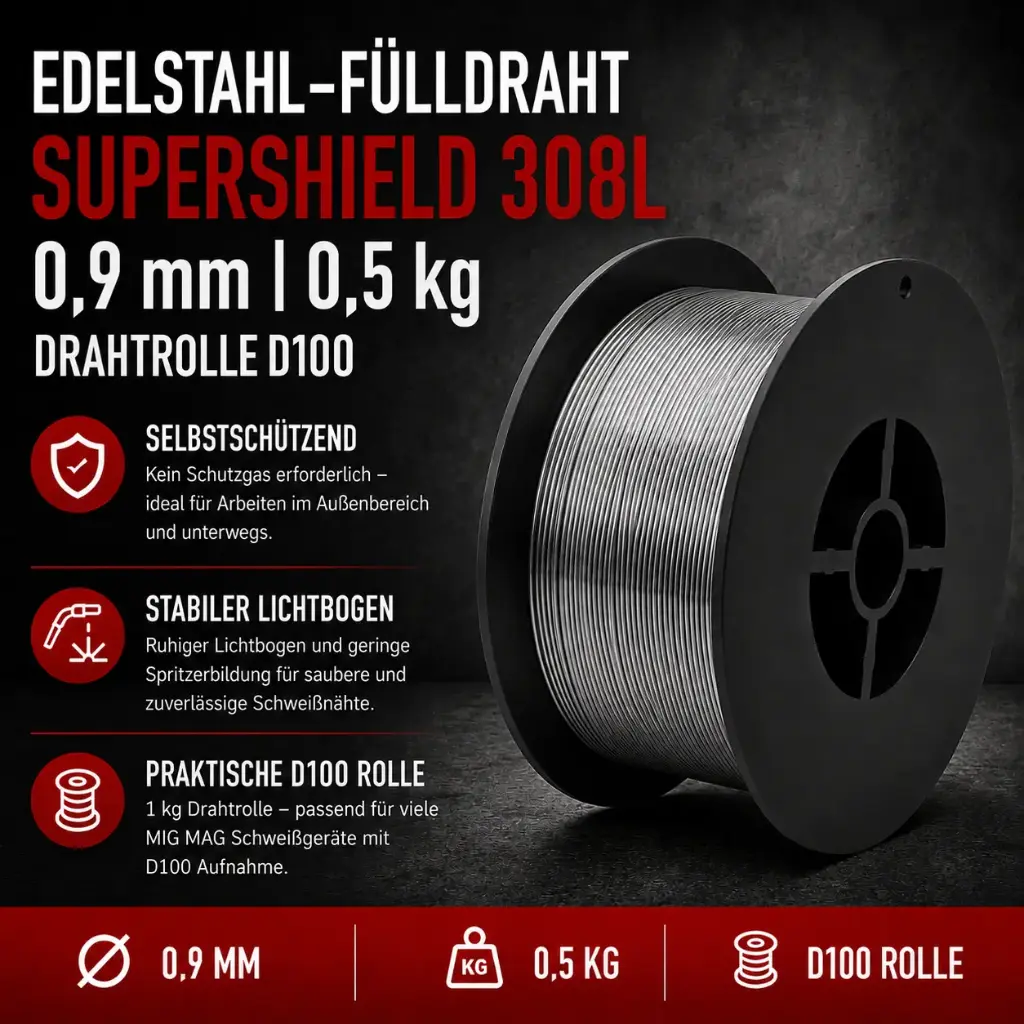 Edelstahl-Fülldraht Supershield 308L 0,9 mm – 0,5 kg Drahtrolle D100 | Selbstschützender MIG MAG Schweißdraht