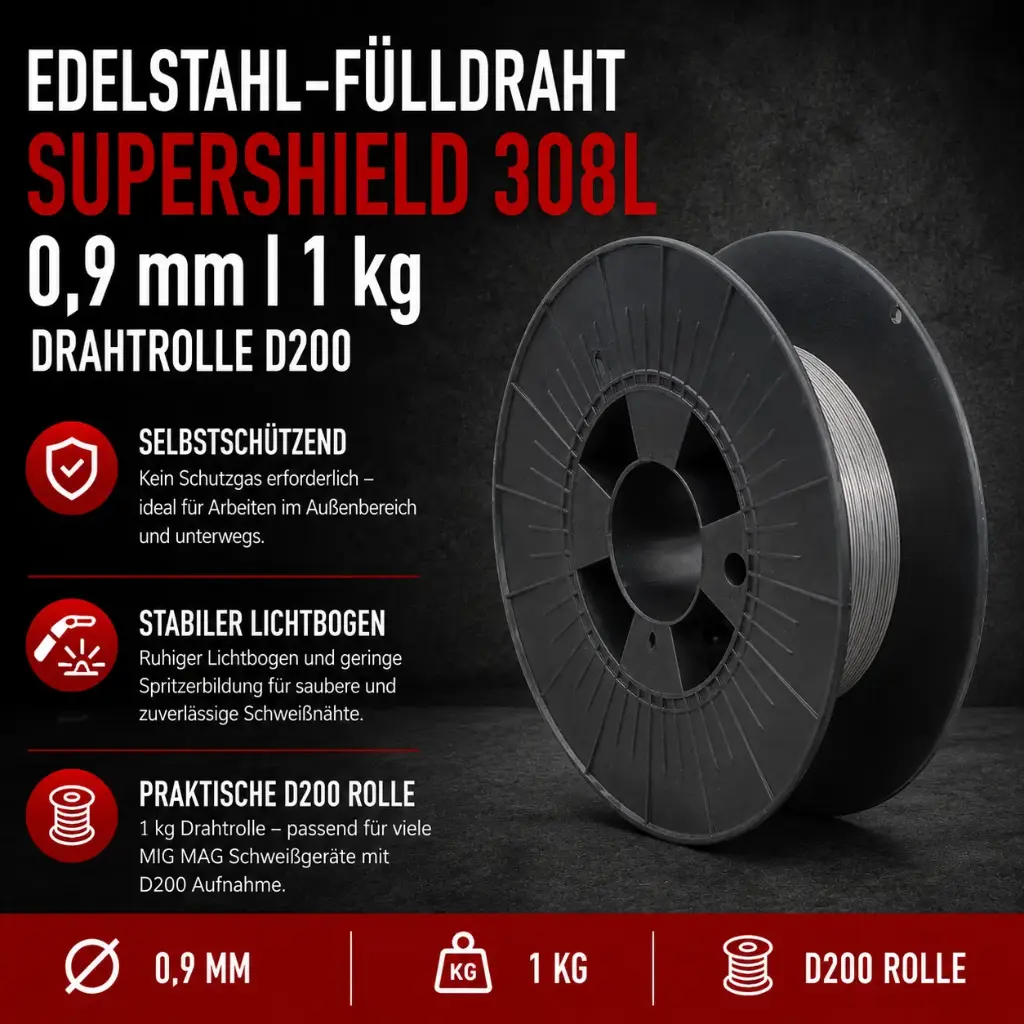 Edelstahlfülldraht Supershield 308L 0,9 mm – 1 kg D200 Drahtrolle | Selbstschützender MIG MAG Schweißdraht ohne Schutzgas