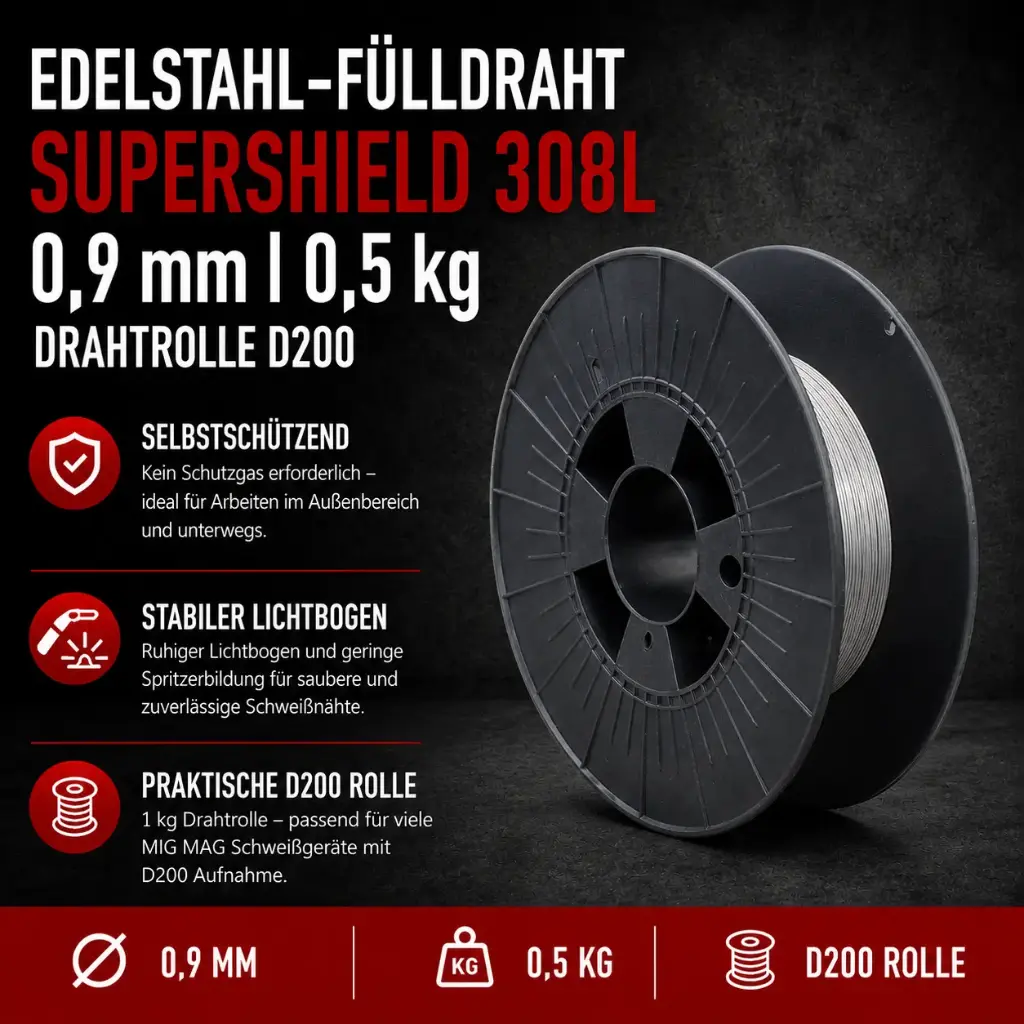 Edelstahlfülldraht Supershield 308L 0,9 mm – 0,5 kg D200 Drahtrolle | Selbstschützender MIG MAG Schweißdraht ohne Schutzgas
