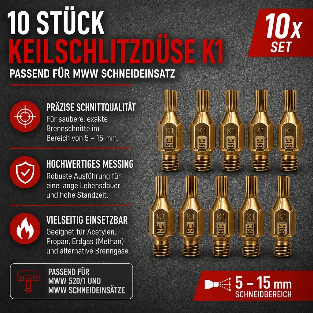 10 Stück Keilschlitzdüse K1 – Schneiddüsen 5–15 mm passend für MWW Schneideinsatz