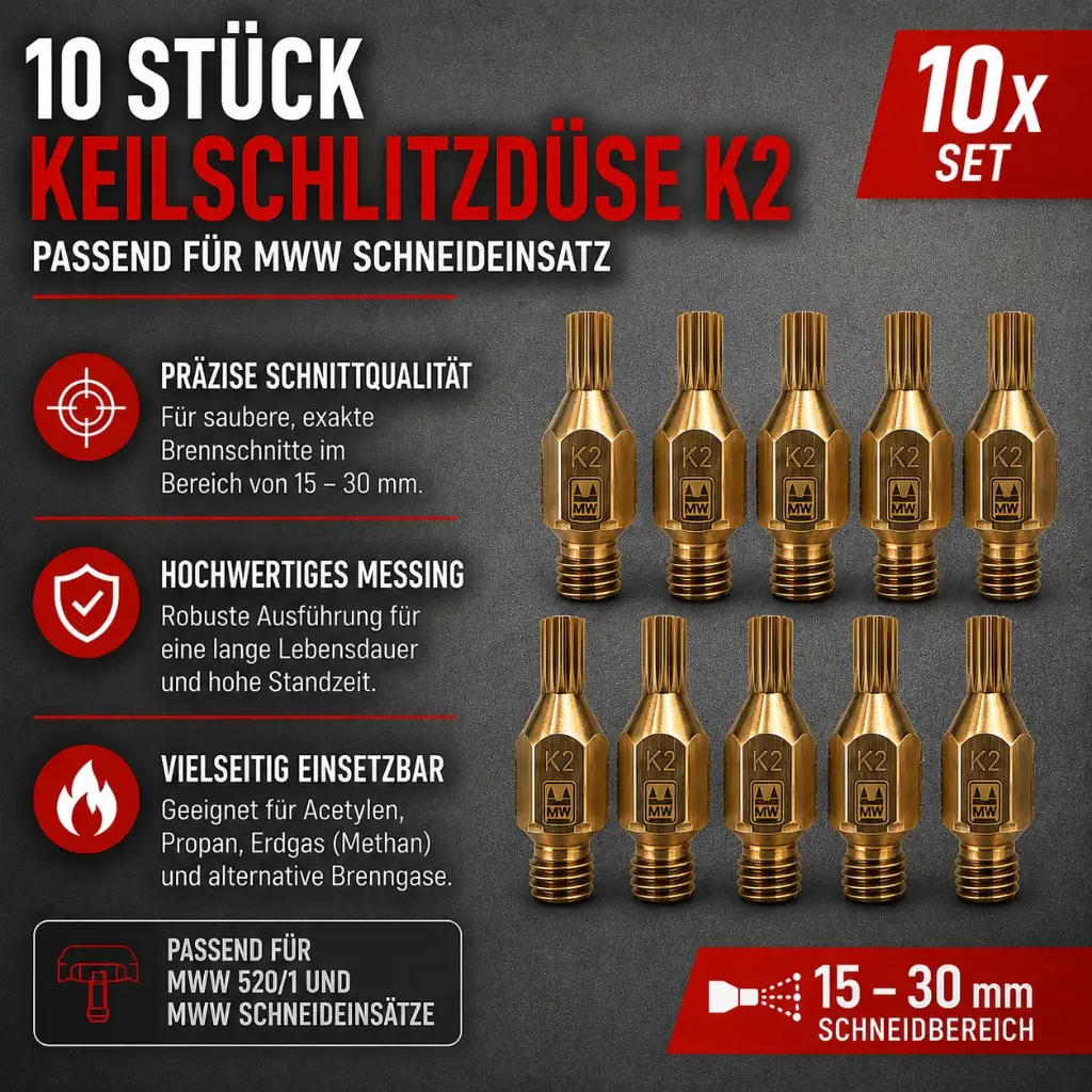 10 Stück Keilschlitzdüse K2 – Schneiddüsen 15–30 mm passend für MWW Schneideinsatz
