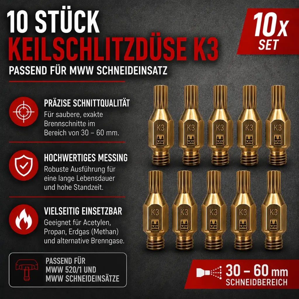 10 Stück Keilschlitzdüse K3 – Schneiddüsen 30–60 mm passend für MWW Schneideinsatz