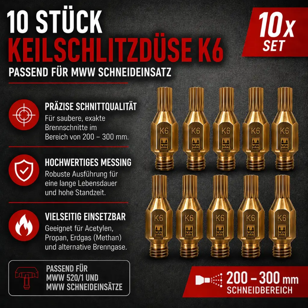 10 Stück Keilschlitzdüse K6 – Schneiddüsen 200-300 mm passend für MWW Schneideinsatz