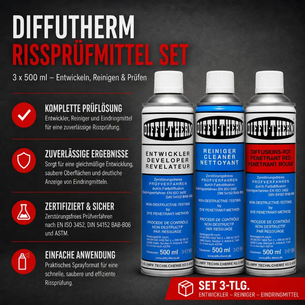 Diffutherm Rissprüfmittel Set 3-teilig – Reiniger, Entwickler & Diffusions-Rot | 3 × 500 ml