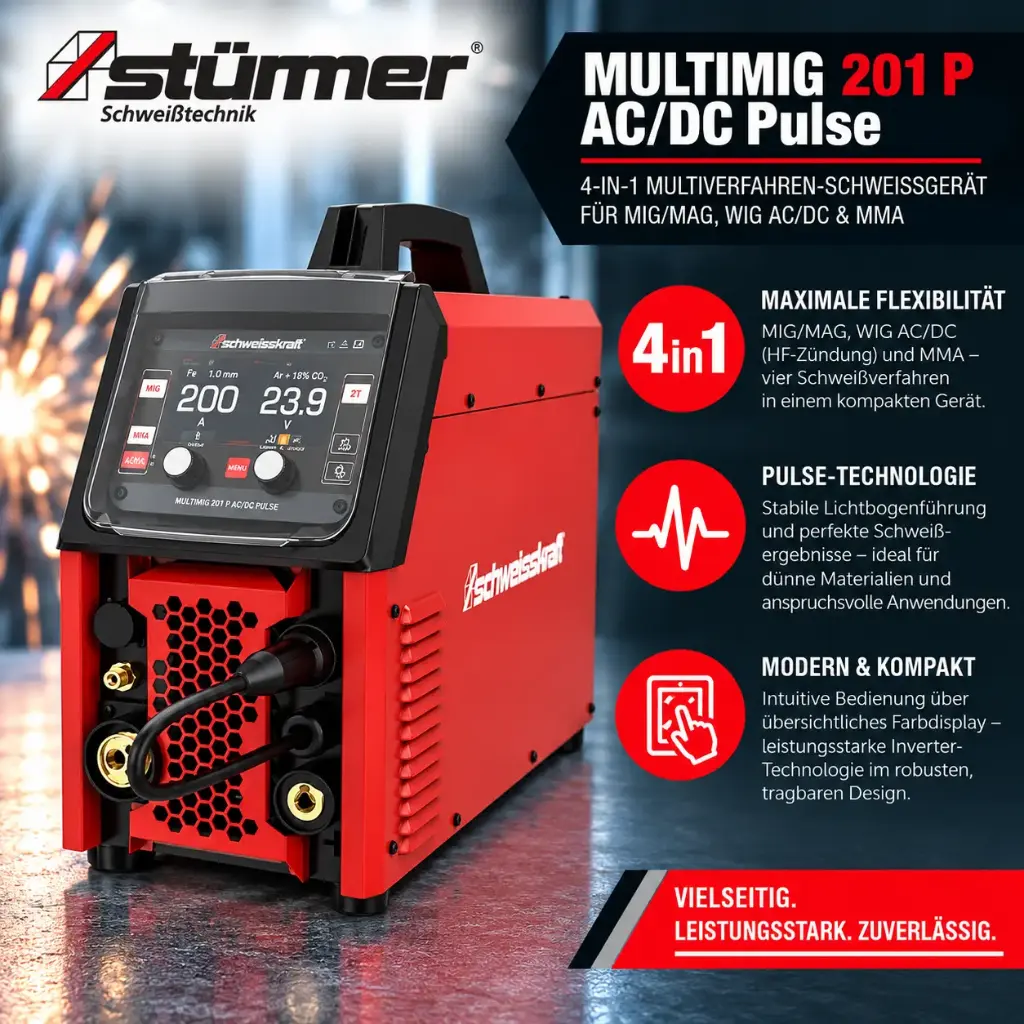 STÜRMER MULTIMIG 201 P AC/DC Pulse – 4-in-1 Multiverfahren-Schweißgerät für MIG/MAG, WIG AC/DC & MMA