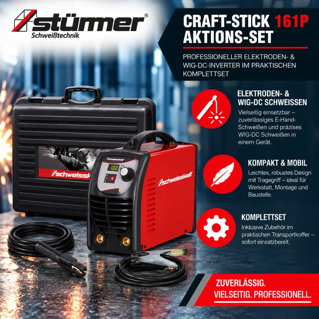 STÜRMER CRAFT-STICK 161P Aktions-Set – Professioneller Elektroden- & WIG-DC-Inverter im praktischen Komplettset