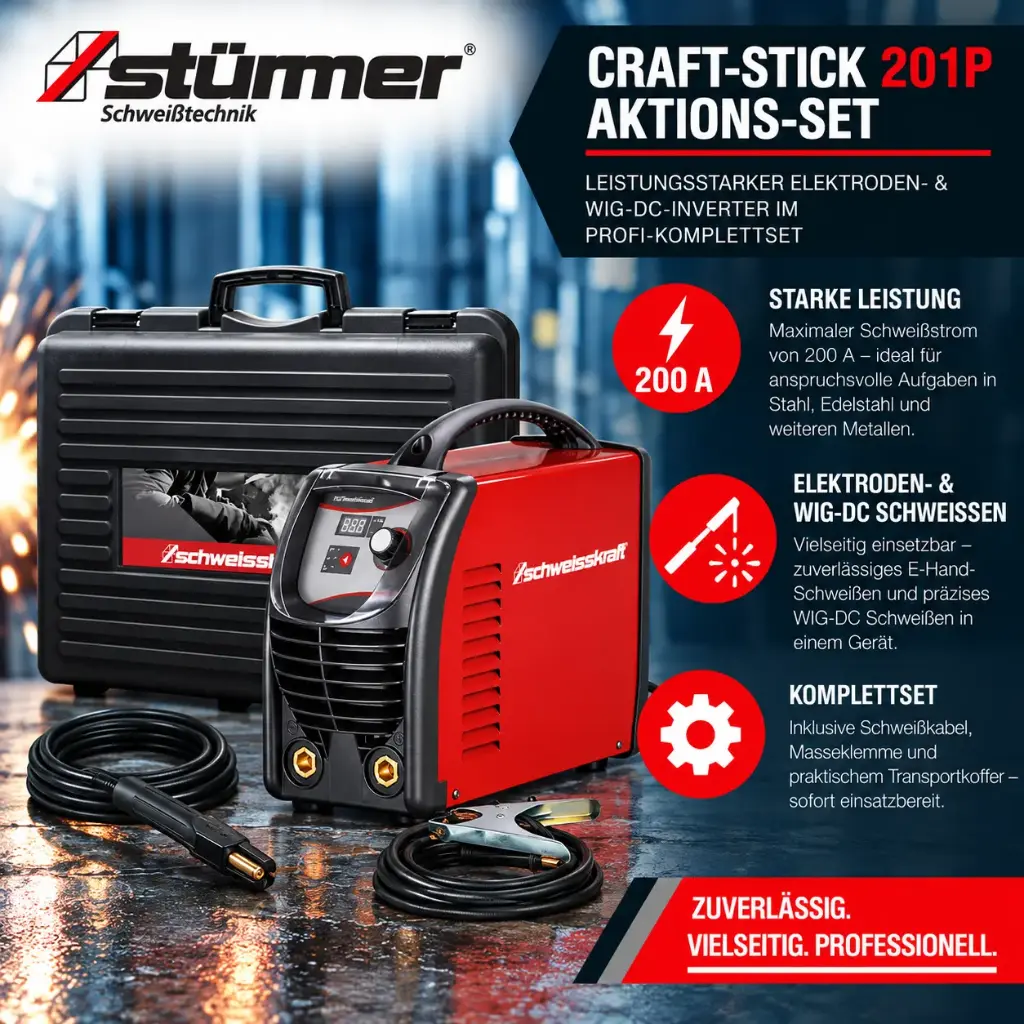 STÜRMER CRAFT-STICK 201P Aktions-Set – Leistungsstarker Elektroden- & WIG-DC-Inverter im Profi-Komplettset