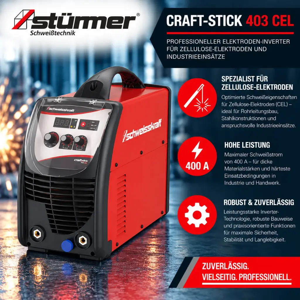 STÜRMER CRAFT-STICK 403 CEL – Professioneller Elektroden-Inverter für Zellulose-Elektroden und Industrieeinsätze