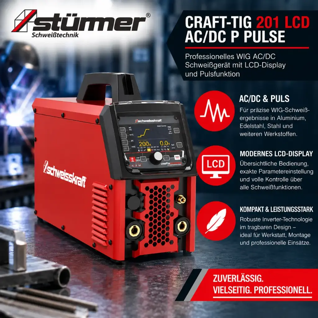 STÜRMER CRAFT-TIG 201 LCD AC/DC P PULSE – Professionelles WIG AC/DC Schweißgerät mit LCD-Display und Pulsfunktion