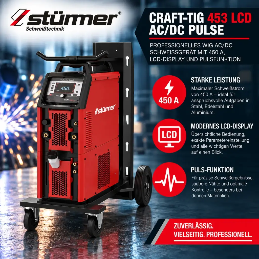 STÜRMER CRAFT-TIG 453 LCD AC/DC PULSE – Professionelles WIG AC/DC Schweißgerät mit 450 A, LCD-Display und Pulsfunktion