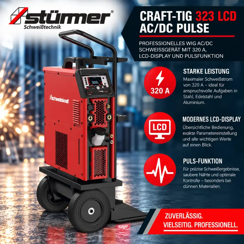 STÜRMER CRAFT-TIG 323 LCD AC/DC PULSE – Professionelles WIG AC/DC Schweißgerät mit 320 A, LCD-Display und Pulsfunktion