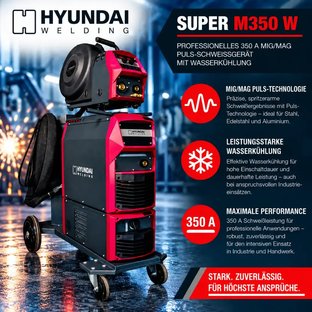 Hyundai Super M350 W – Professionelles 350 A MIG/MAG Puls-Schweißgerät mit Wasserkühlung