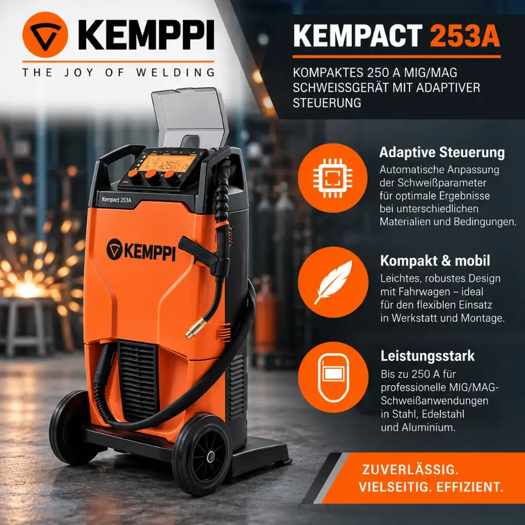 Kemppi Kempact 253A – Kompaktes 250 A MIG/MAG Schweißgerät mit adaptiver Steuerung