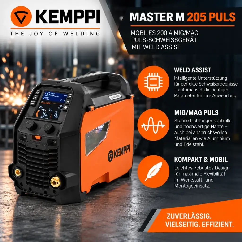 Kemppi Master M 205 Puls – Mobiles 200 A MIG/MAG Puls-Schweißgerät mit Weld Assist