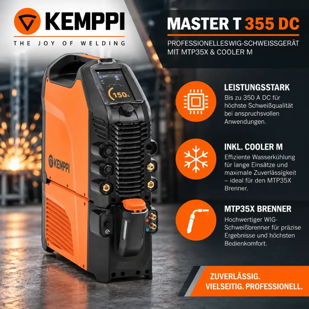 Kemppi Master T 355 DC mit MTP35X & Cooler M – Professionelles 350 A WIG DC Puls-Schweißgerät mit Wasserkühlung