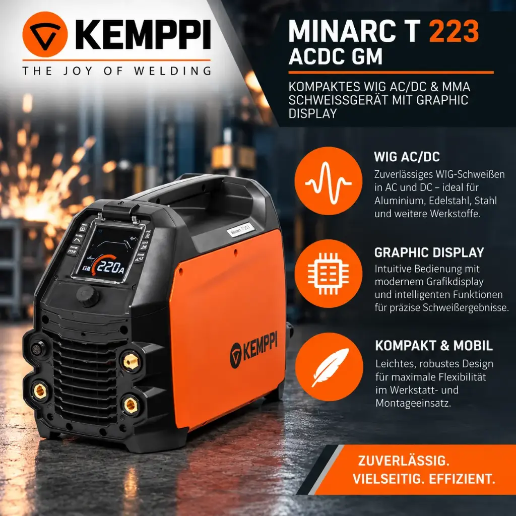 Kemppi Minarc T 223 ACDC GM – Mobiles 220 A WIG AC/DC Puls-Schweißgerät für Aluminium & Edelstahl