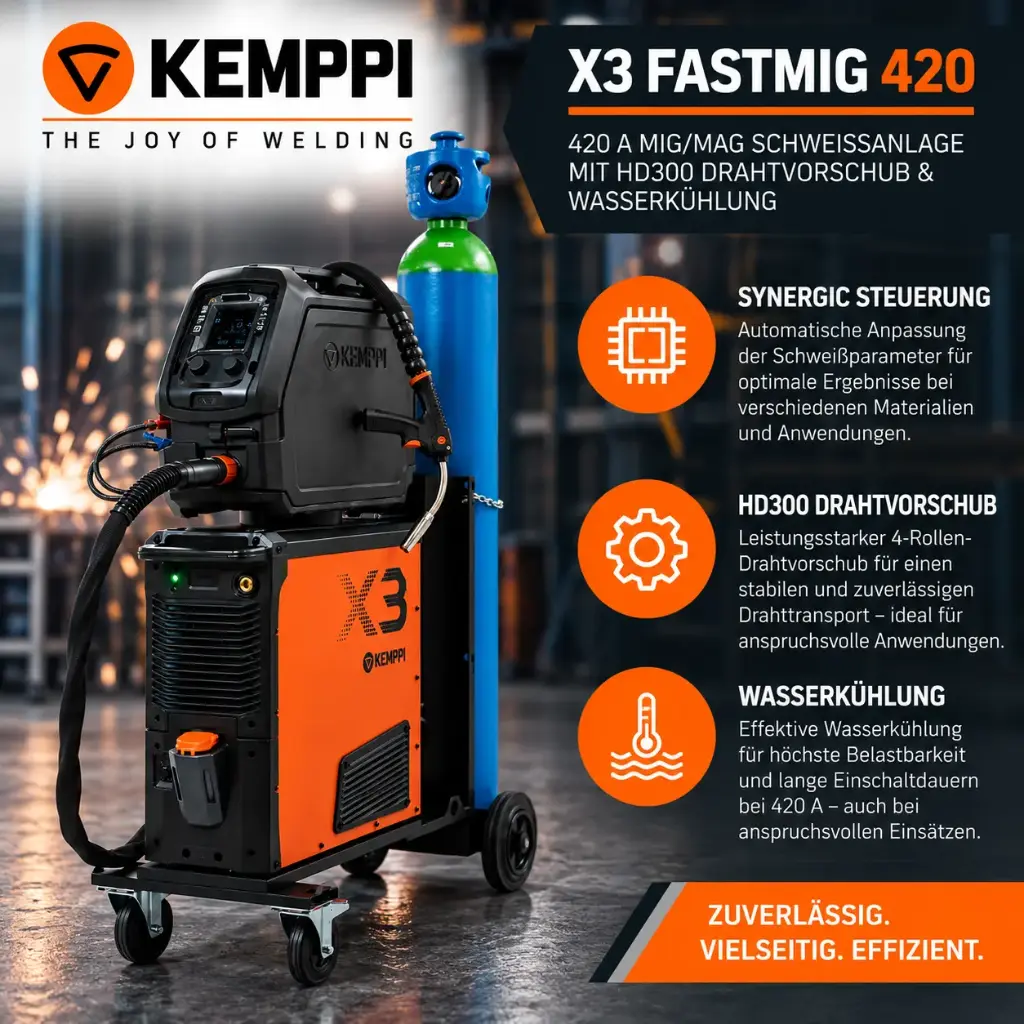 Kemppi X3 FastMig 420 Synergic – 420 A MIG/MAG Schweißanlage mit HD300 Drahtvorschub & Wasserkühlung