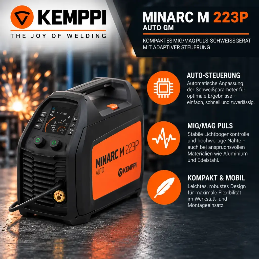 Kemppi Minarc M 223P Auto GM – mobiles MIG/MAG Puls-Schweißgerät mit 220 A