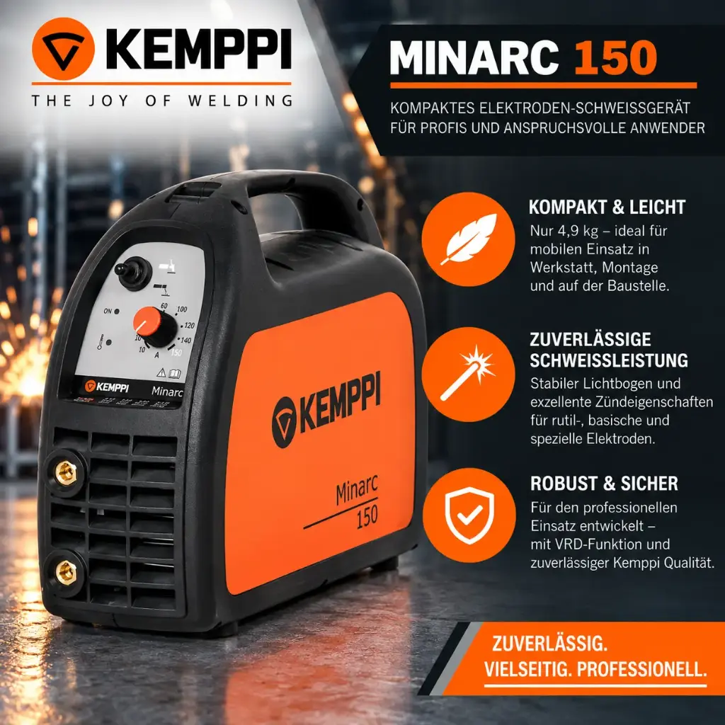 Kemppi Minarc 150 – Kompaktes 140 A Elektroden-Inverter-Schweißgerät für Montage & Werkstatt