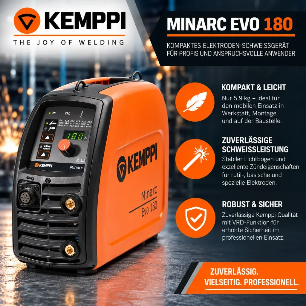 Kemppi Minarc Evo 180 – Professionelles 170 A Elektroden-Inverter-Schweißgerät mit 230 V