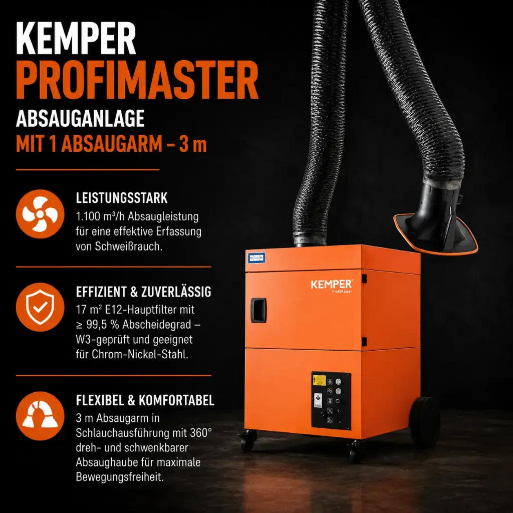 KEMPER ProfiMaster Absauganlage – 1 × 3 m Absaugarm in Schlauchausführung – W3 Schweißrauchabsaugung