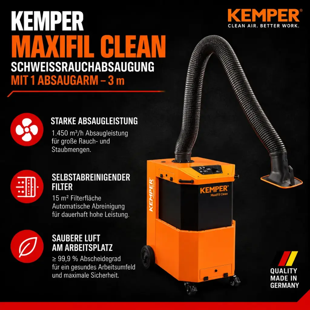 KEMPER MaxiFil Clean Absauggerät – 3 m Absaugarm – selbstabreinigende Schweißrauchabsaugung