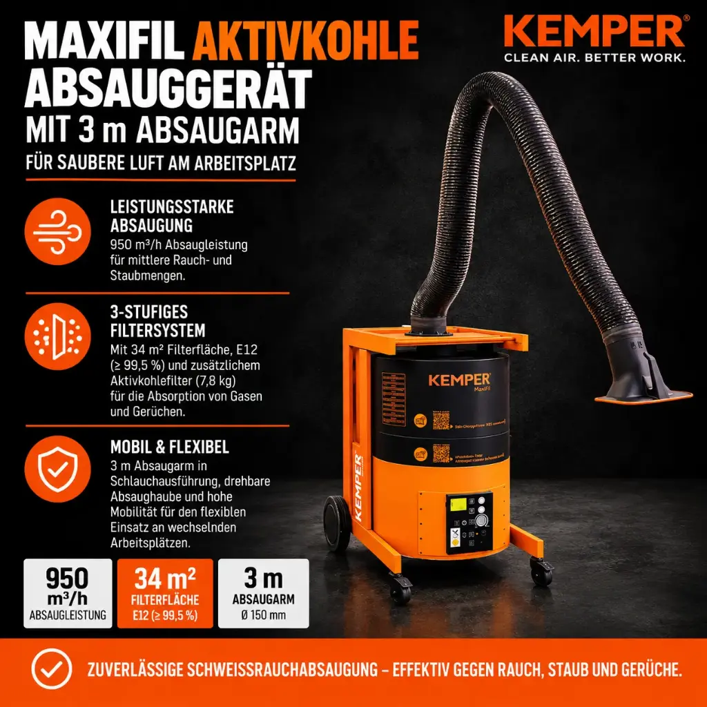 KEMPER MaxiFil Aktivkohle Absauggerät – 3 m Absaugarm – mobile Schweißrauchabsaugung mit Aktivkohlefilter