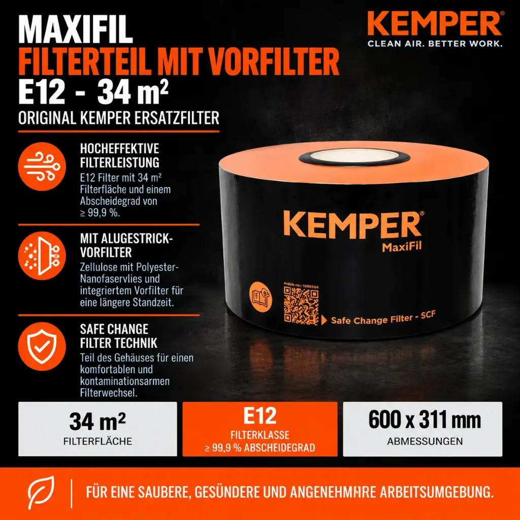 KEMPER MaxiFil Filterteil mit Vorfilter – E12 – 34 m² – Originalfilter 1090504