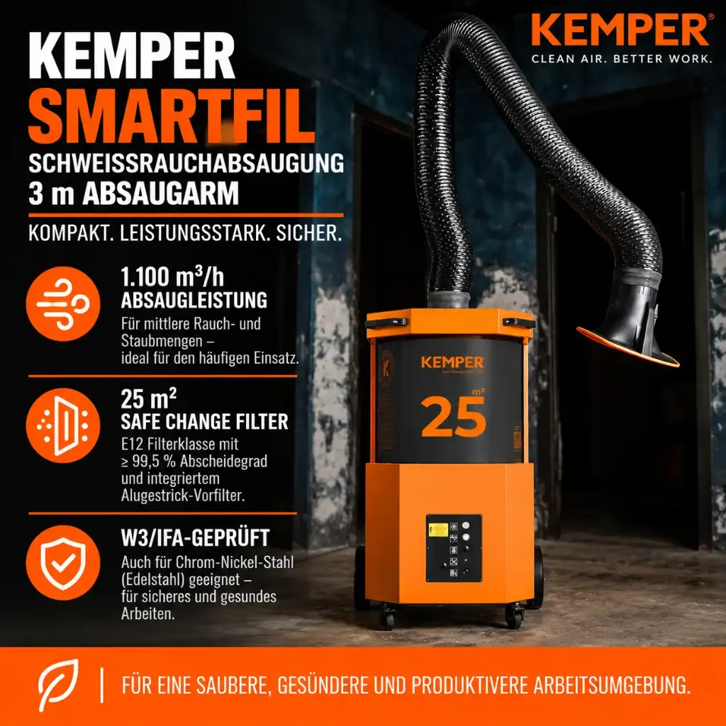 KEMPER SmartFil Absauggerät – 3 m Absaugarm – W3/IFA Schweißrauchabsaugung