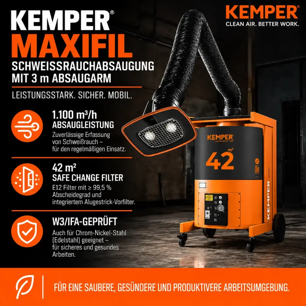 KEMPER MaxiFil Absauggerät – 3 m Absaugarm – W3/IFA Schweißrauchabsaugung