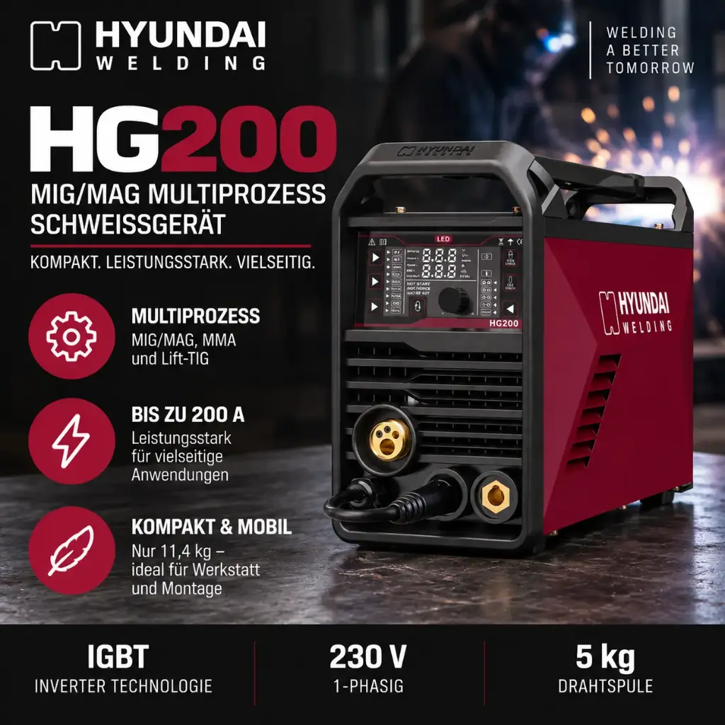 Hyundai Welding HG200 – 200 A MIG/MAG Multifunktions-Schweißgerät mit MMA & Lift-TIG & Flux